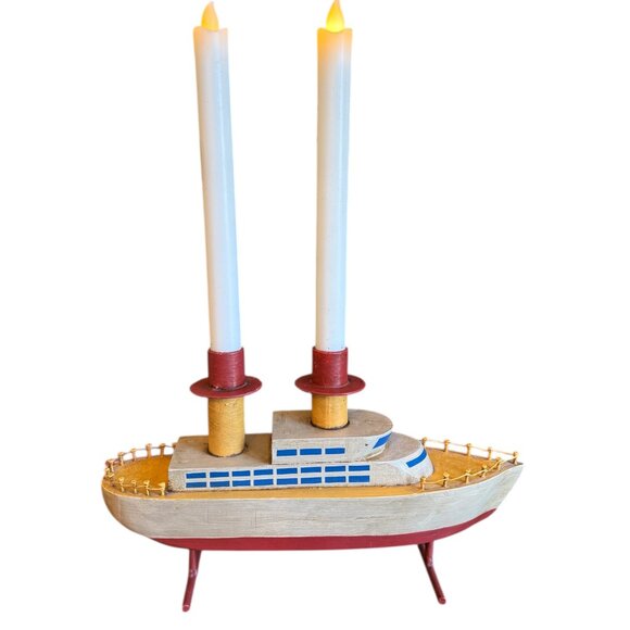 Vintage Other - Unique Hand carved Wooden Ship Candle Holder 12.5" Long